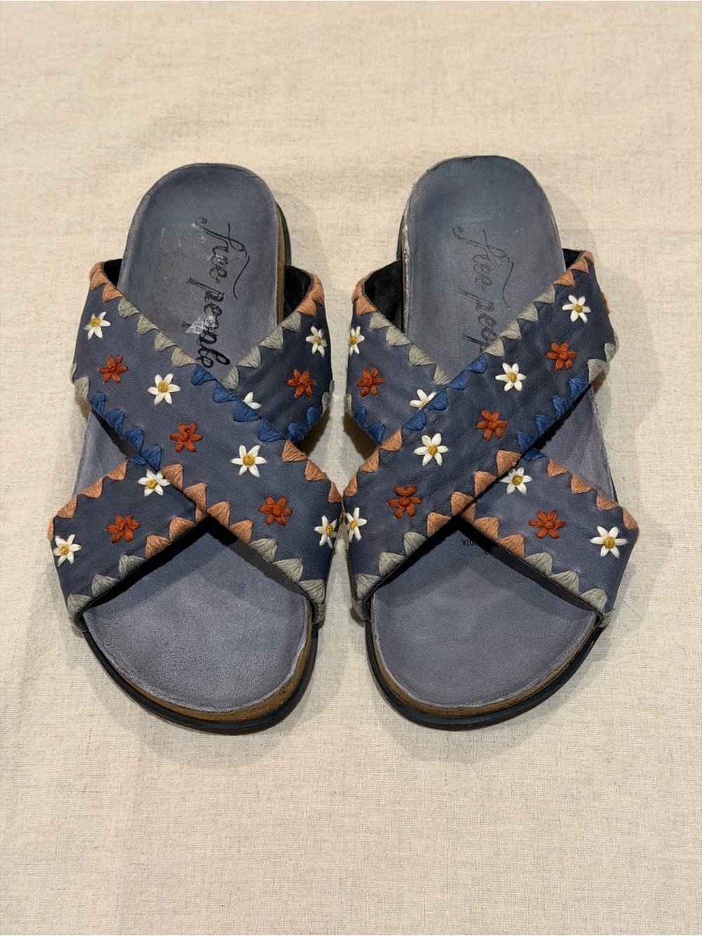 Free People Blue Leather Wildflower Embroidered Crisscross Slide Sandals SZ 40